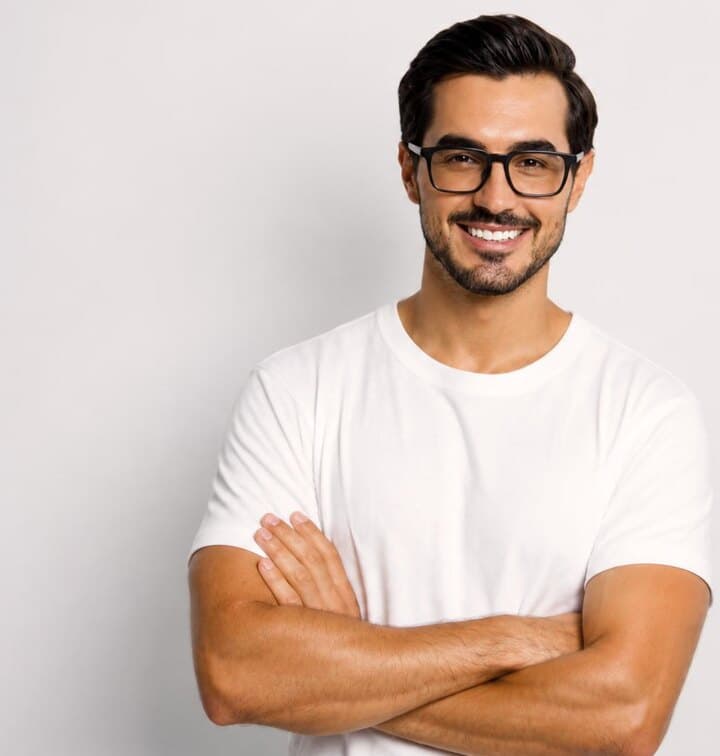 Dono de imobiliária de braços cruzados, sorrindo